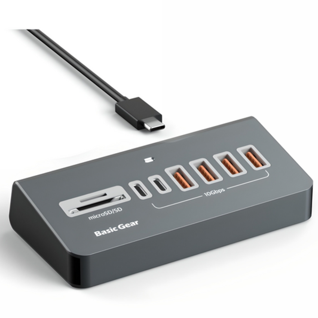 홈오피스 인테리어 트렌드 2025_베이직기어 버티컬 8in1 C타입 10Gbps USB 멀티허브 케이블정리