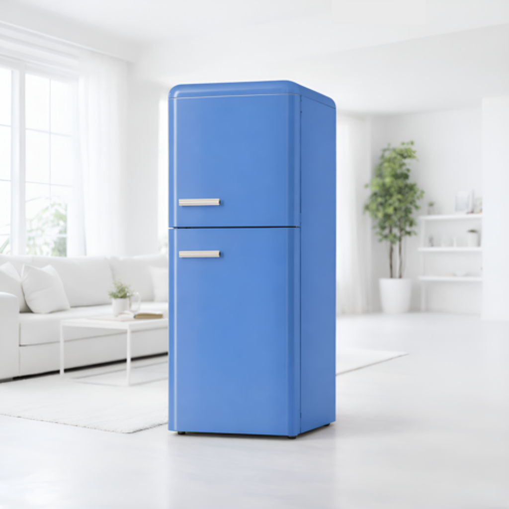 곡선형 모서리와 크롬 손잡이가 돋보이는 민트 컬러 레트로 소형 냉장고